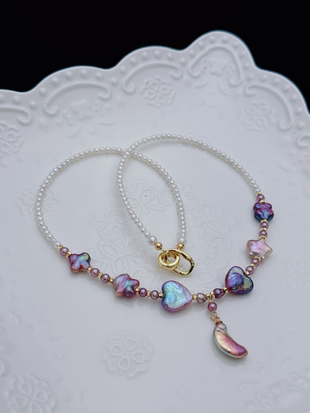 RL043 Handmade Premium Quality Freshwater Baroque Necklace Moon&Star 18” - Picture 2 of 16